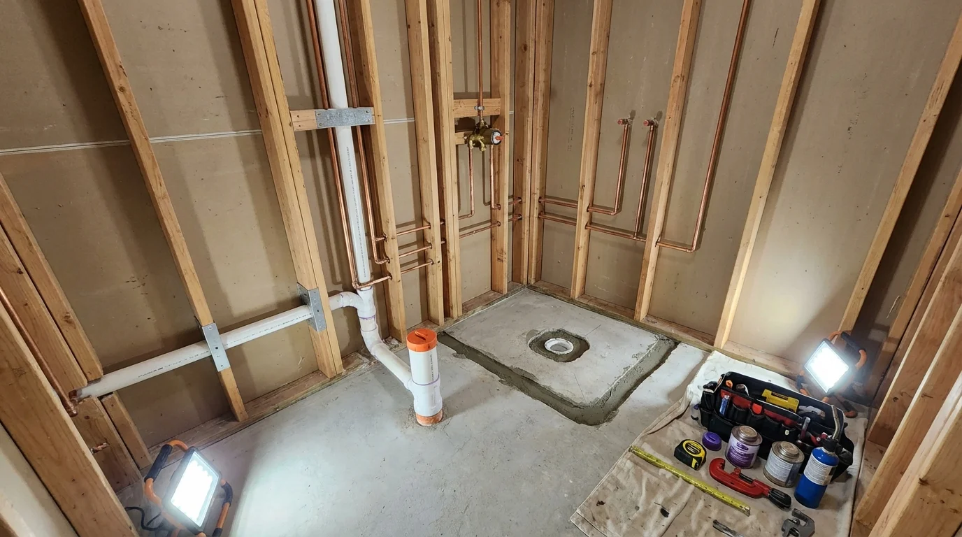 Bathroom rough-in plumbing during remodel by Johns Plumbing LLC in Northwood
