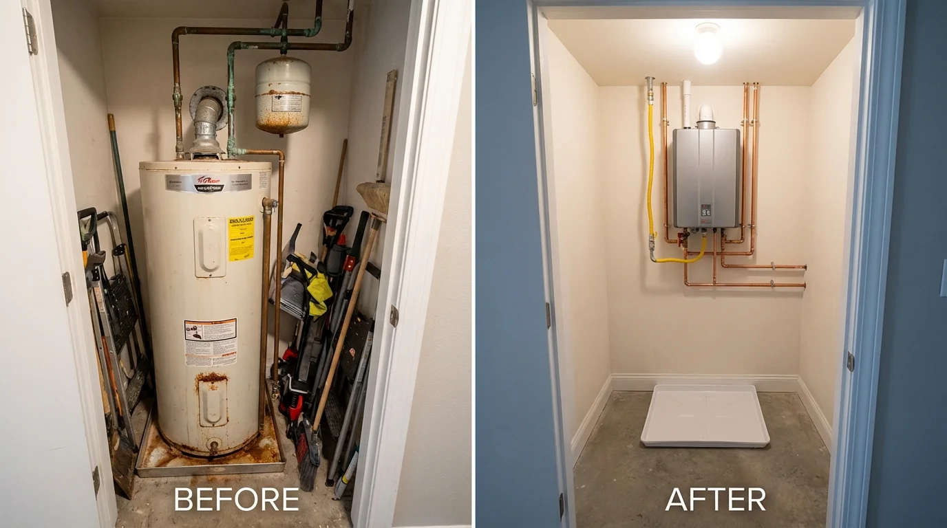Tank water heater versus wall-mounted tankless unit comparison for Northwood, IA homeowners