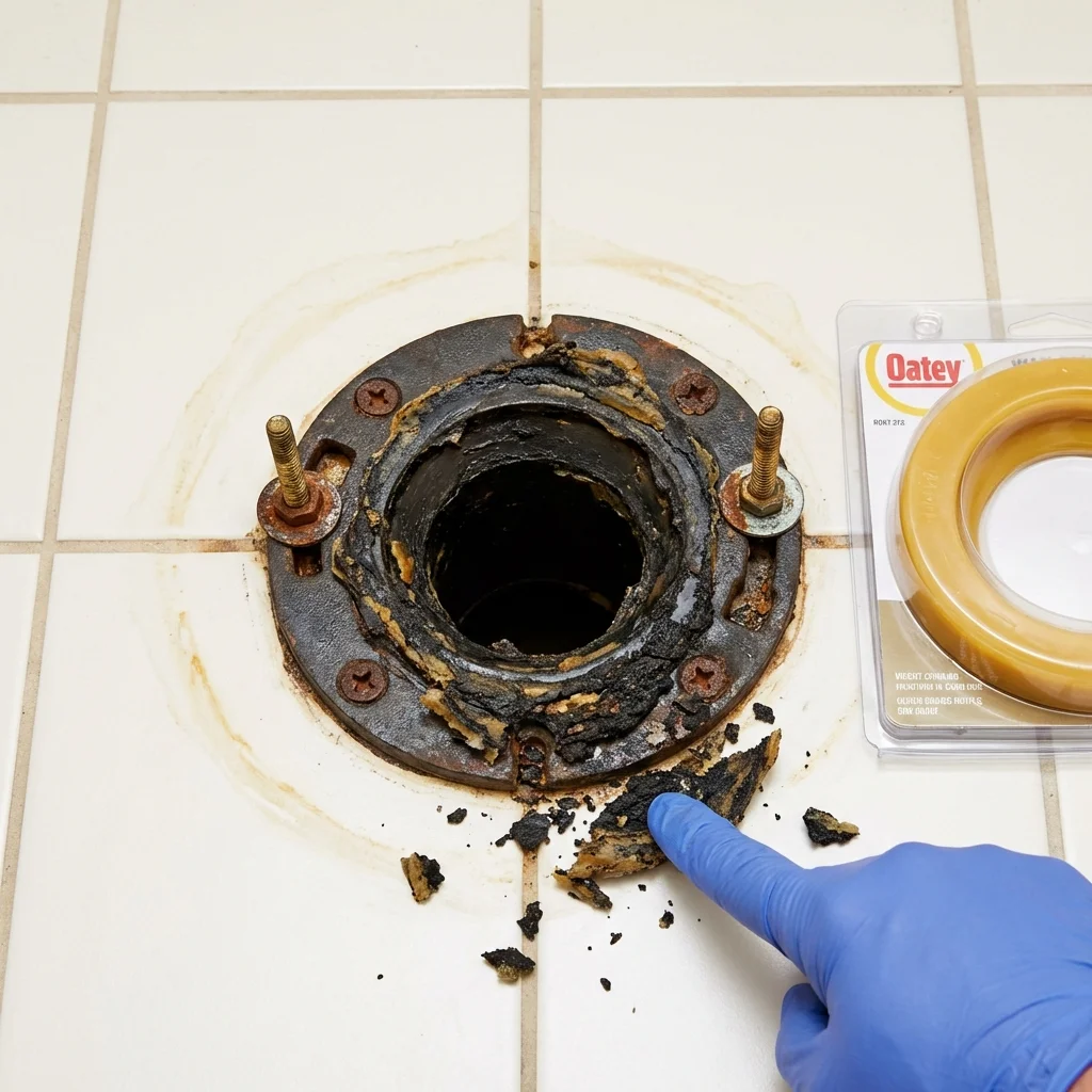Failed wax ring showing water seepage at the base of a toilet in a Northwood, IA home