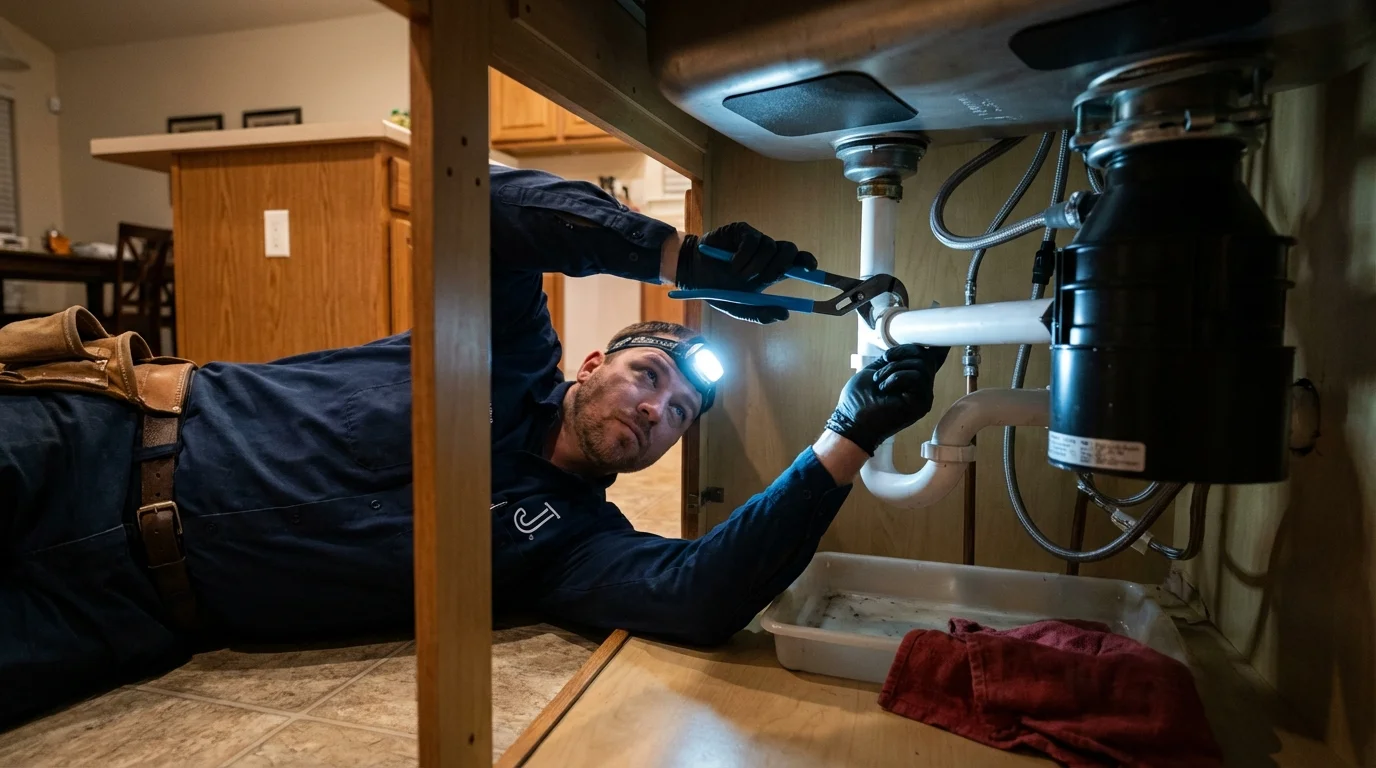P-trap and supply line connections under a kitchen sink showing a common leak point in Northwood, IA